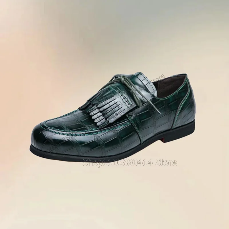 

Green Crocodile Print Tassels Decor Strappy Loafers Fashion Slip On Men Shoes Luxurious Handmade Party Banquet Men Casual Shoes