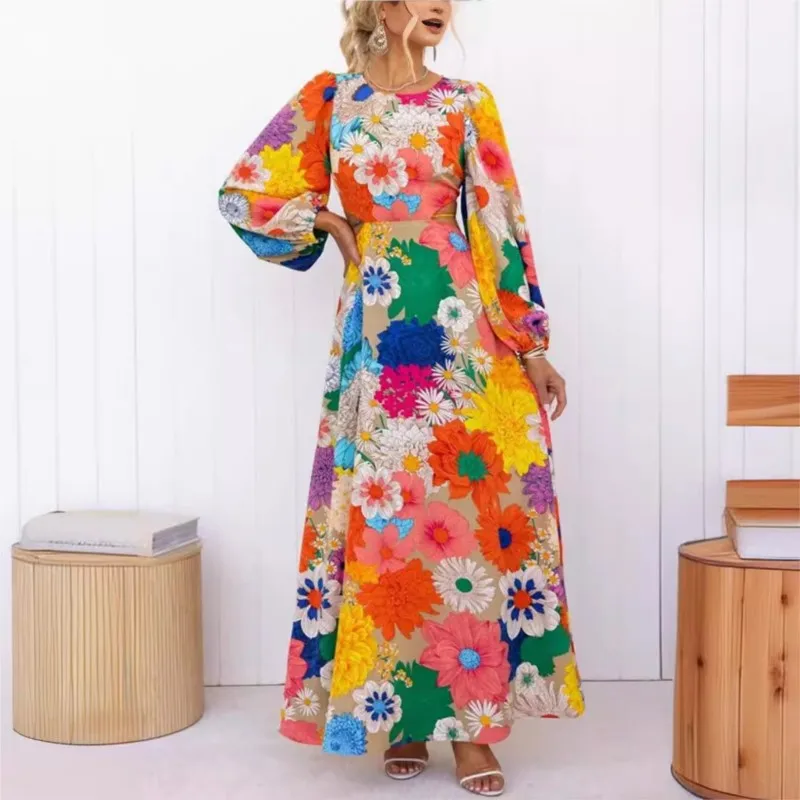 

Printed Dress Women's Long-sleeved Fashionable Waistless Holiday Street Fashion Dress Women's Beach Dress