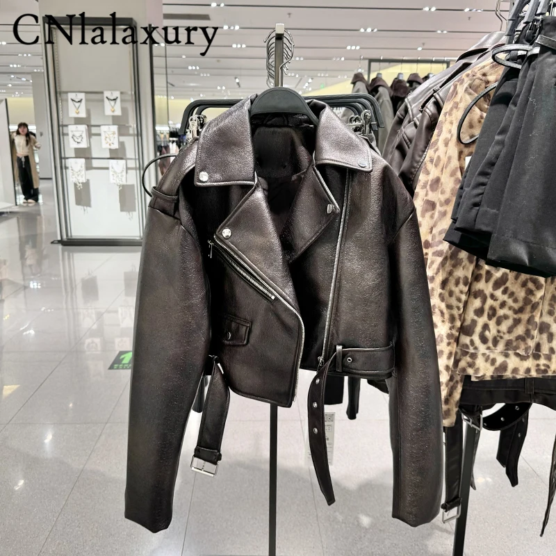 Original Quality Faux Leather Biker Jackets For Women Sexy Short Jacket Women Coats Belts Zipper Pockets Leather Jacket Outwear