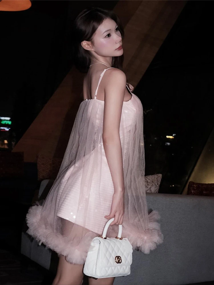 シスターリンダ スパンコール メッシュ パッチワーク ドレス レディース セクシー スイート ティアード ノースリーブ ローネック ミッドナイト パーティー クラブウェア ホッティー シック ボディコン