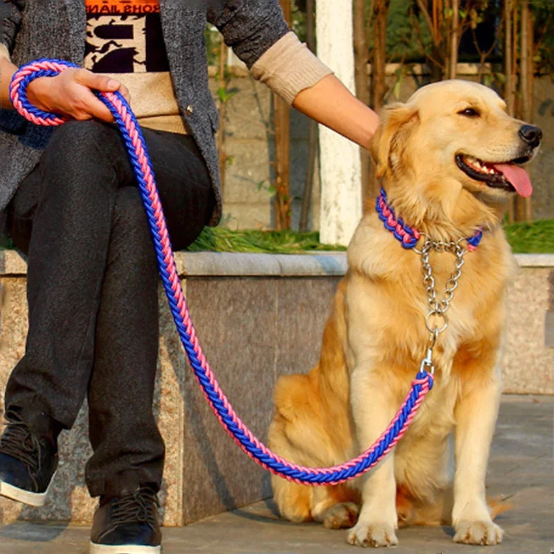 Correa de nailon grueso superfuerte para perro, collar ajustable de doble fila de lona verde militar para perros medianos y grandes, 130cm