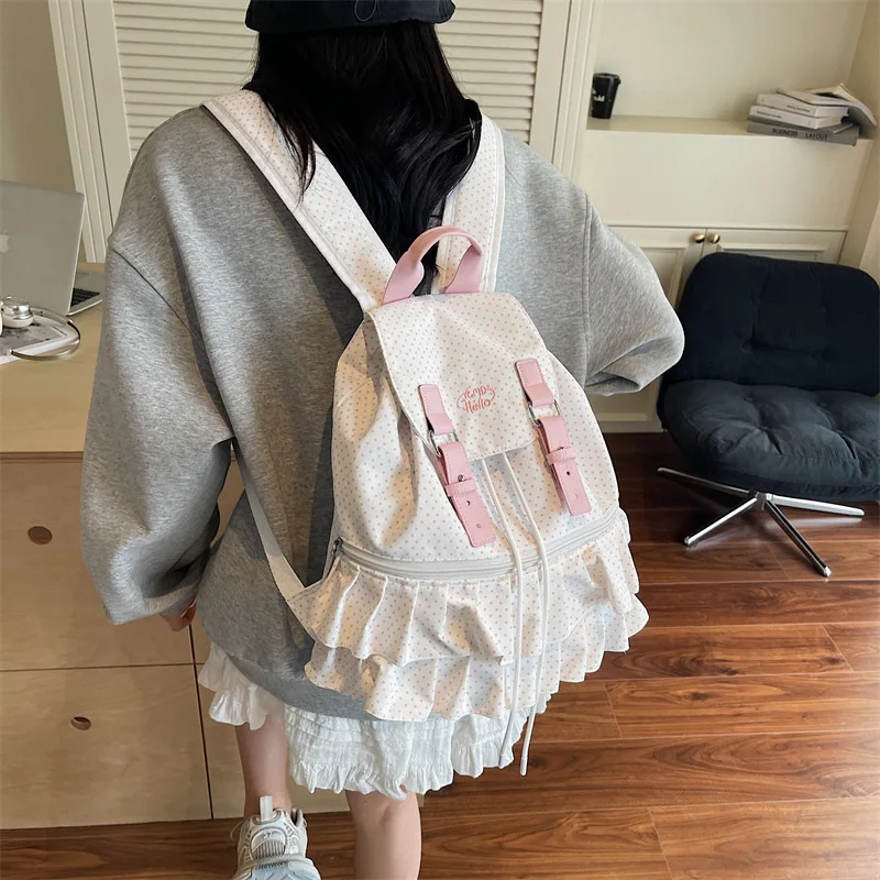 Three Colors Polka Dot Ruffled Ruched Backpack Soft Nylon Drawstring Design Girls Shopping Travel Storage Small Bag