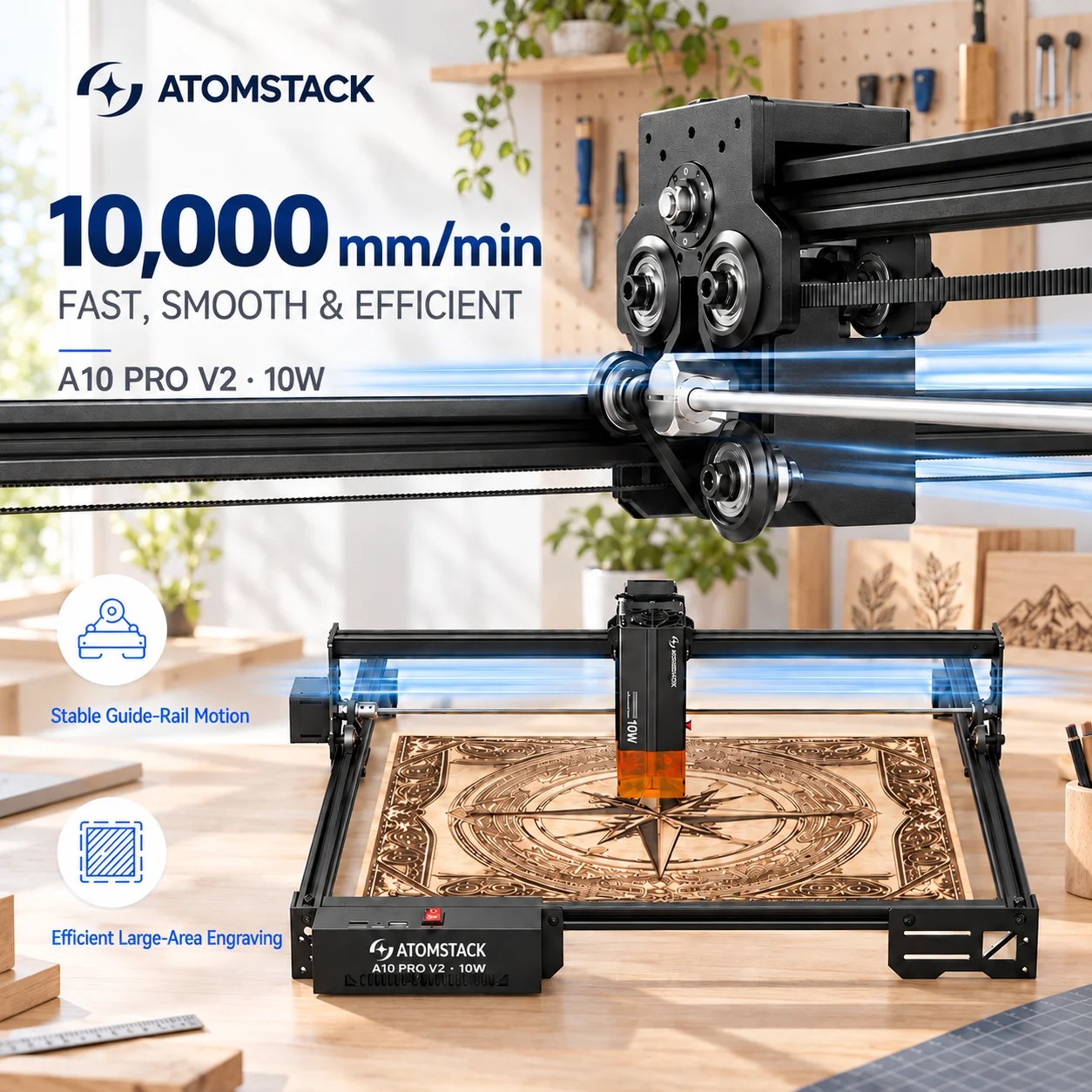 ATOMSTACK A10 PRO V2, máquina de grabado y corte láser de 10 W, área de trabajo de 410 x 380 mm, precisión de 0,01 mm, máquina CNC con conexión USB para madera, acrílico, cuero, proyectos de bricolaje y manualidades en casa.