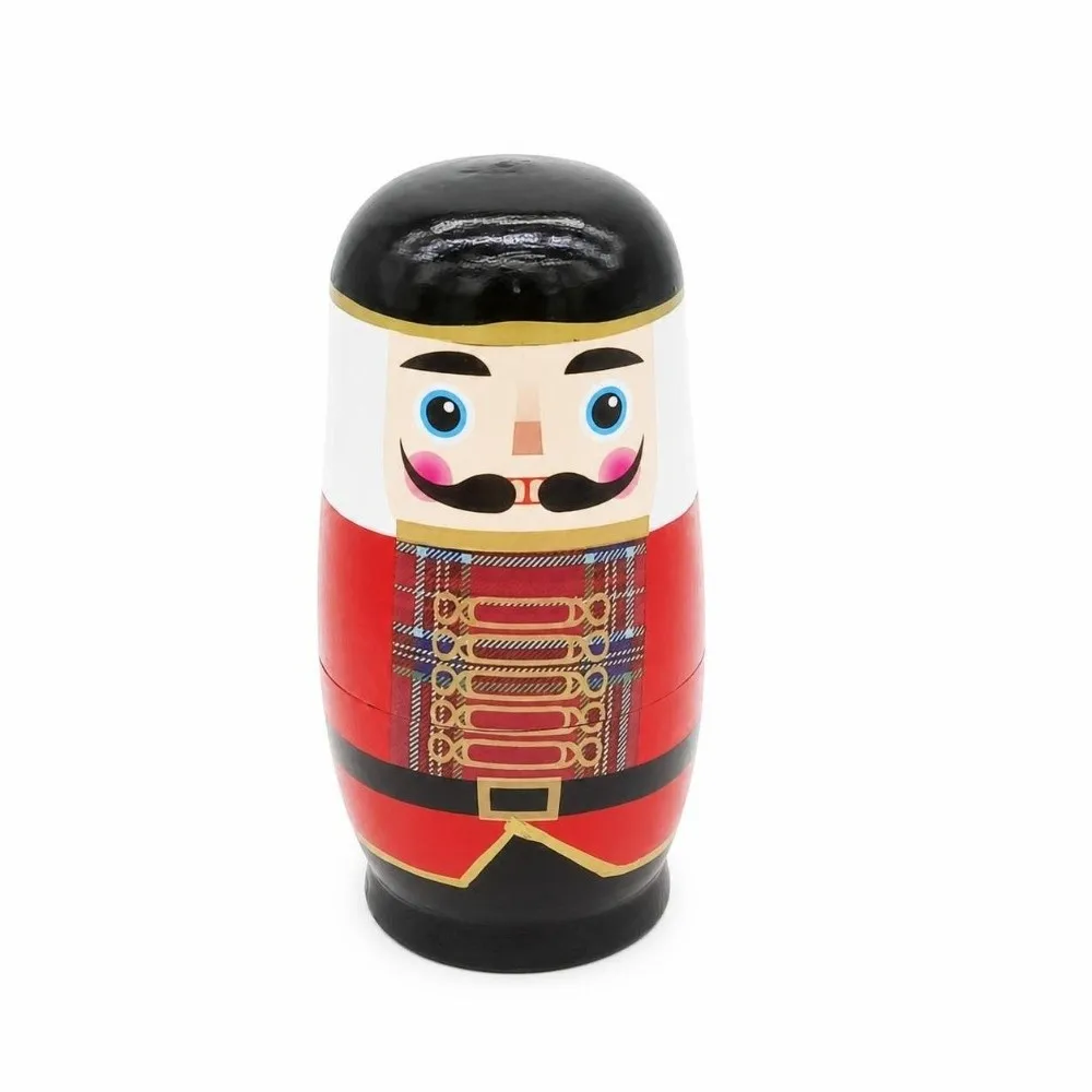 5PCS Handmade Wooden Nutcracker Nesting Dolls Stacking Design Painted Finish Wooden Nutcracker Figures Decorative Figures