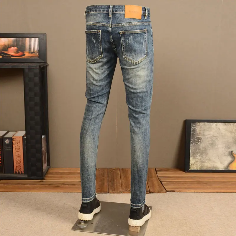 Fashion Streetwear Men Jeans Retro Blue Stretch Slim Fit Elastic Ripped Jeans Men Vintage Designer Denim Pencil Pants Hombre