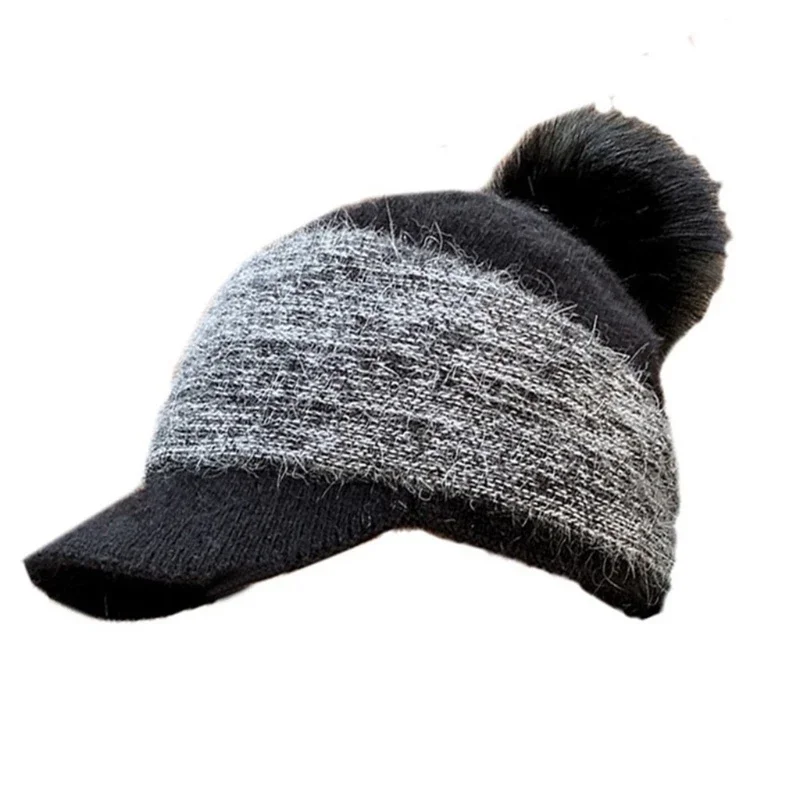 Luxury Women Winter Thick Warm Fuzzy Knit Beanie Cap with Visor Bill Cute Pompom Cold Weather Windproof Skullies Baseball Cap