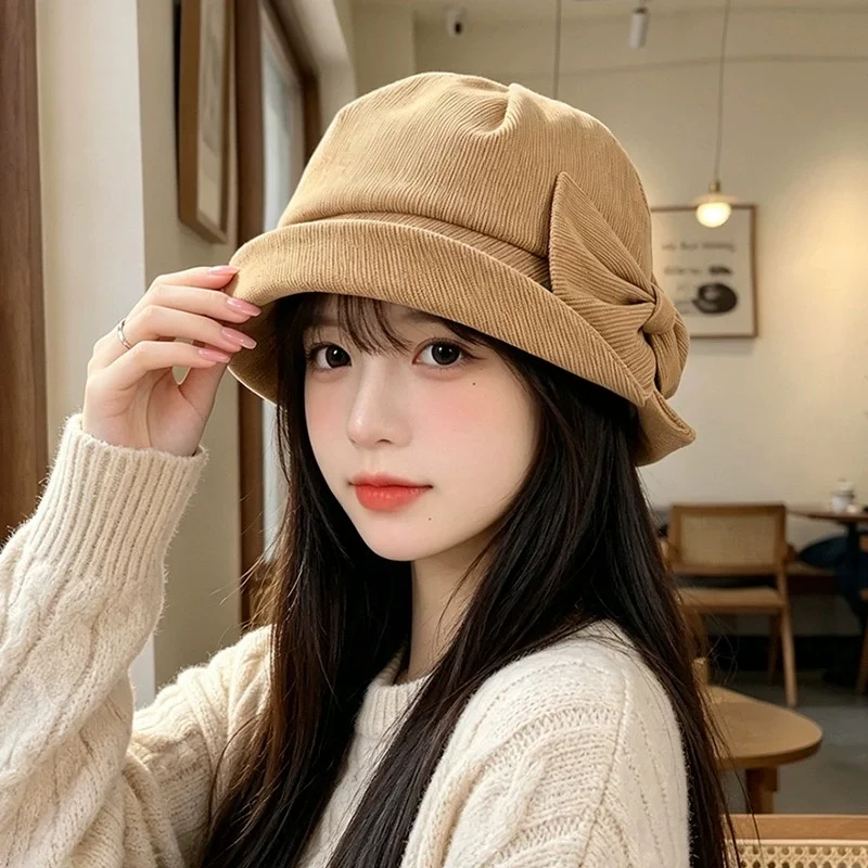 Women's Corduroy Bow Fisherman's Hat—Fall/Winter Retro Bucket Hat, Japanese-Inspired Artistic, Versatile Bucket Hat