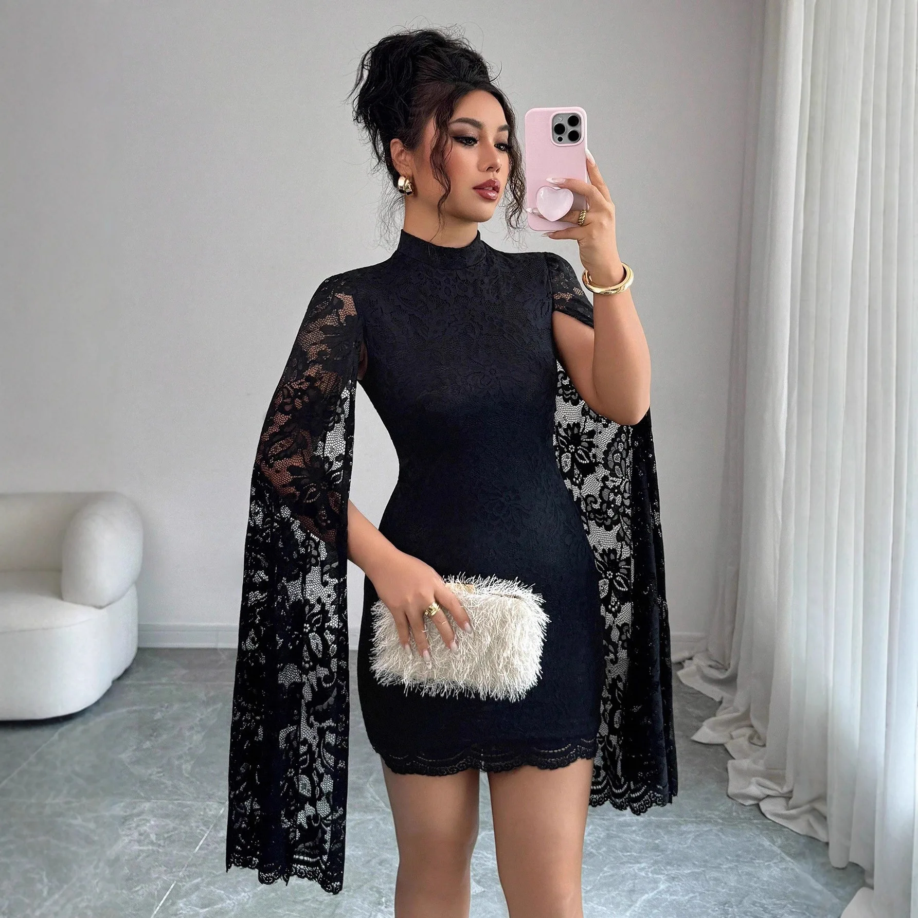 2025 Nieuwe Modieuze Kanten Split Lange Mouwen Sexy Jurk voor Herfst en Winter Nieuwe Lange Mouw vrouwen T-Shirt kleding Vrouw