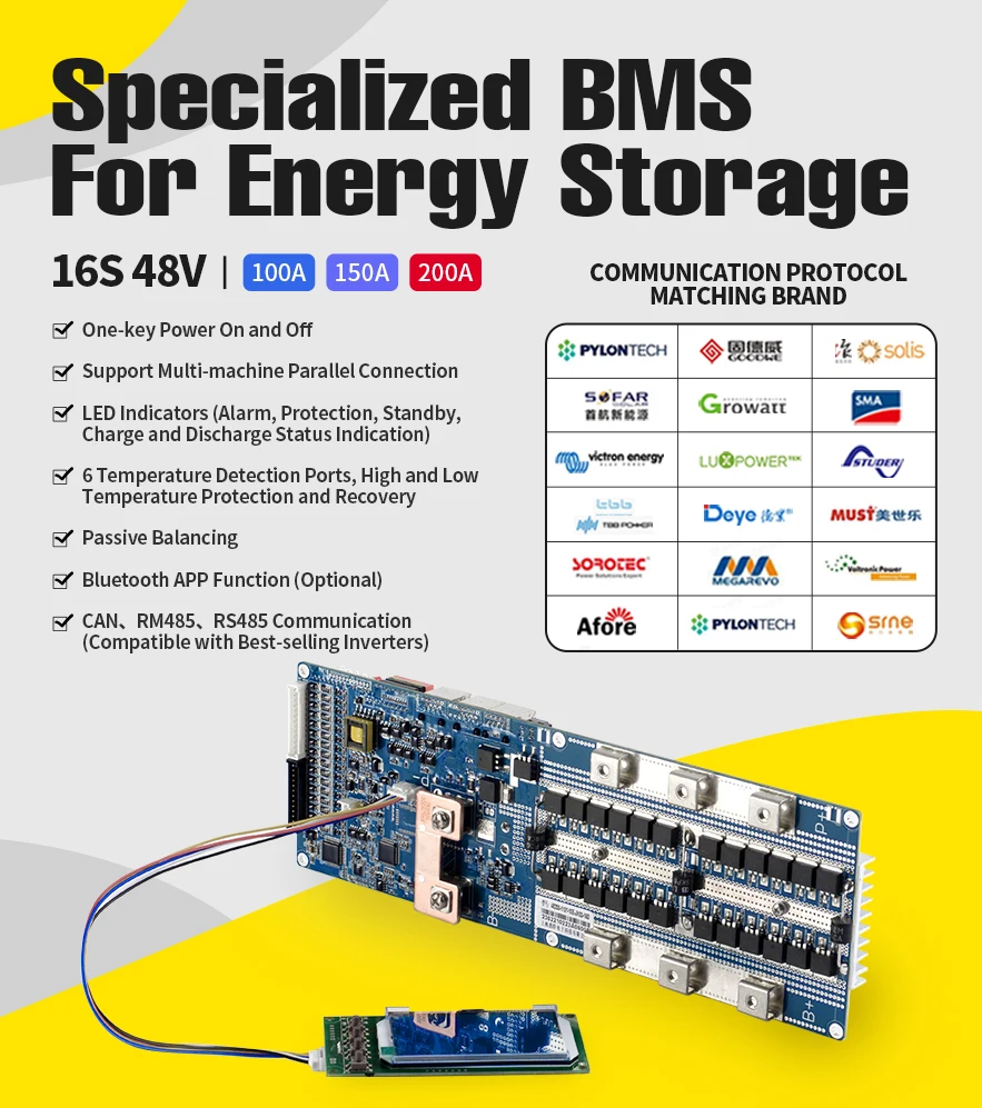 Système de gestion intelligent de batterie solaire, boîtier de batterie au lithium-ion, bricolage, Lifepo4, BMS, 51.2V, 100A, 150A, 200A, 48V