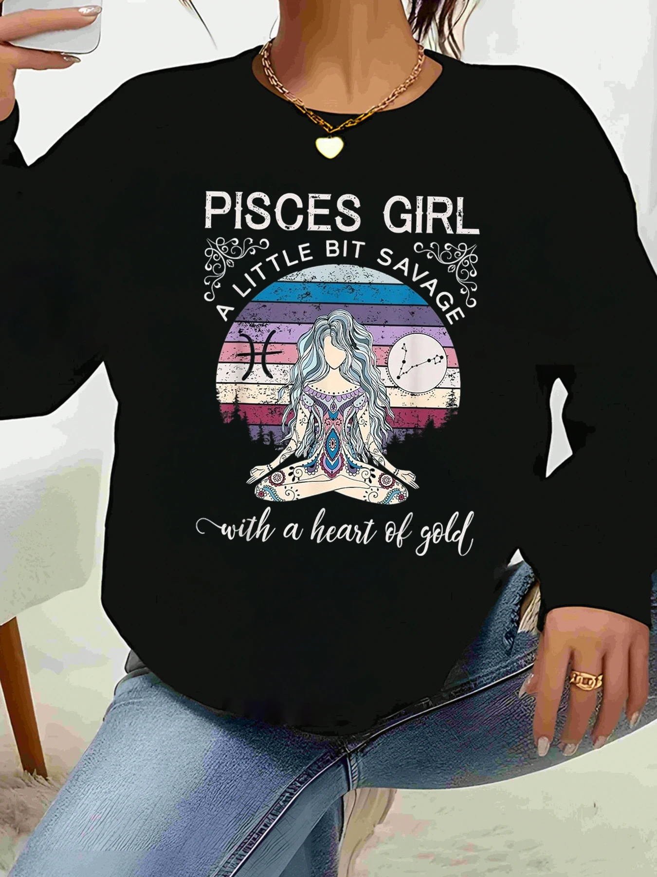 Pisces Girl قليلاً وحشية مع قلب الذهب طباعة طويلة الأكمام أعلى ملابس غير رسمية أزياء المرأة #1