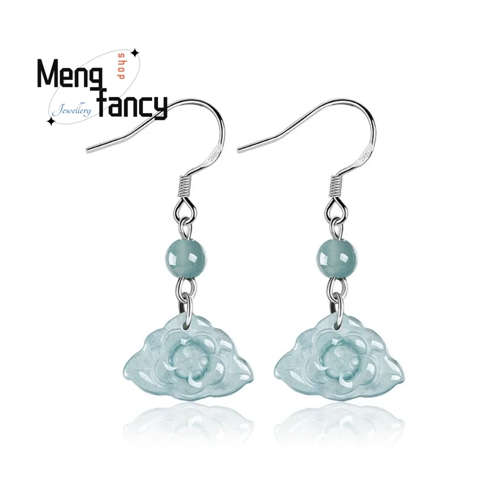 

Natural A goods Jadeite Blue Water Lotus Earrings S925 Silver Ice Jade Exquisite High-grade Sexy Young Girls Luxury Fine Jewelry