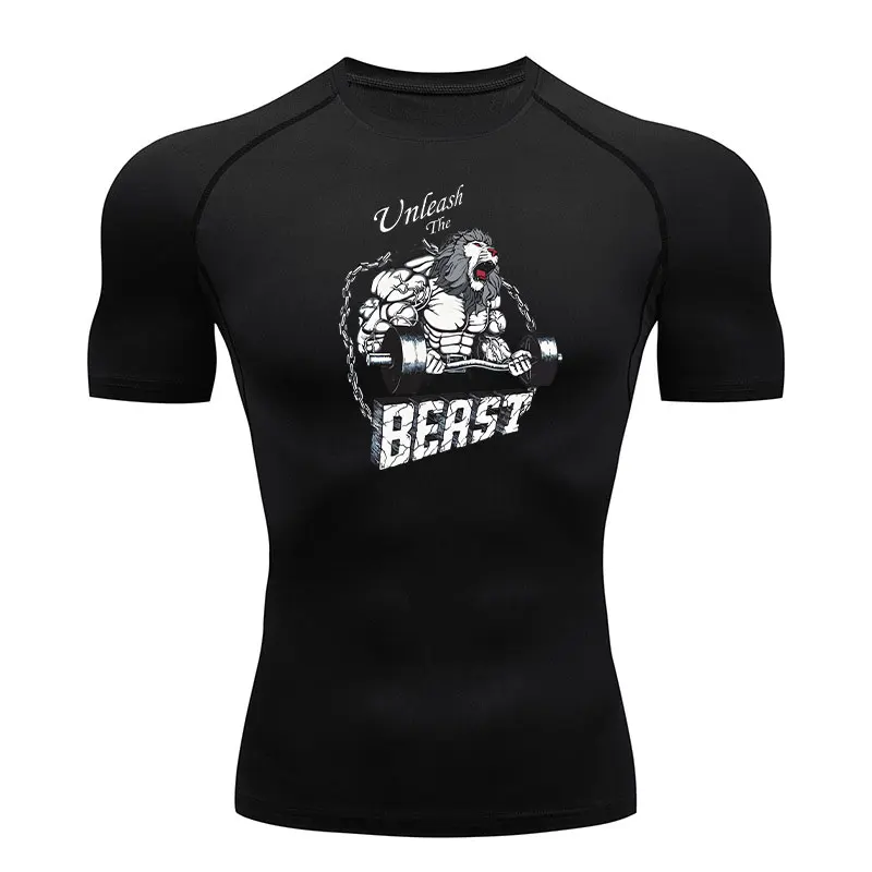 

Unleash the Beast Print Compression Running Shirts Men Dry Fit Fitness Gym Men's Rashguard T-shirts fitness short sleeves