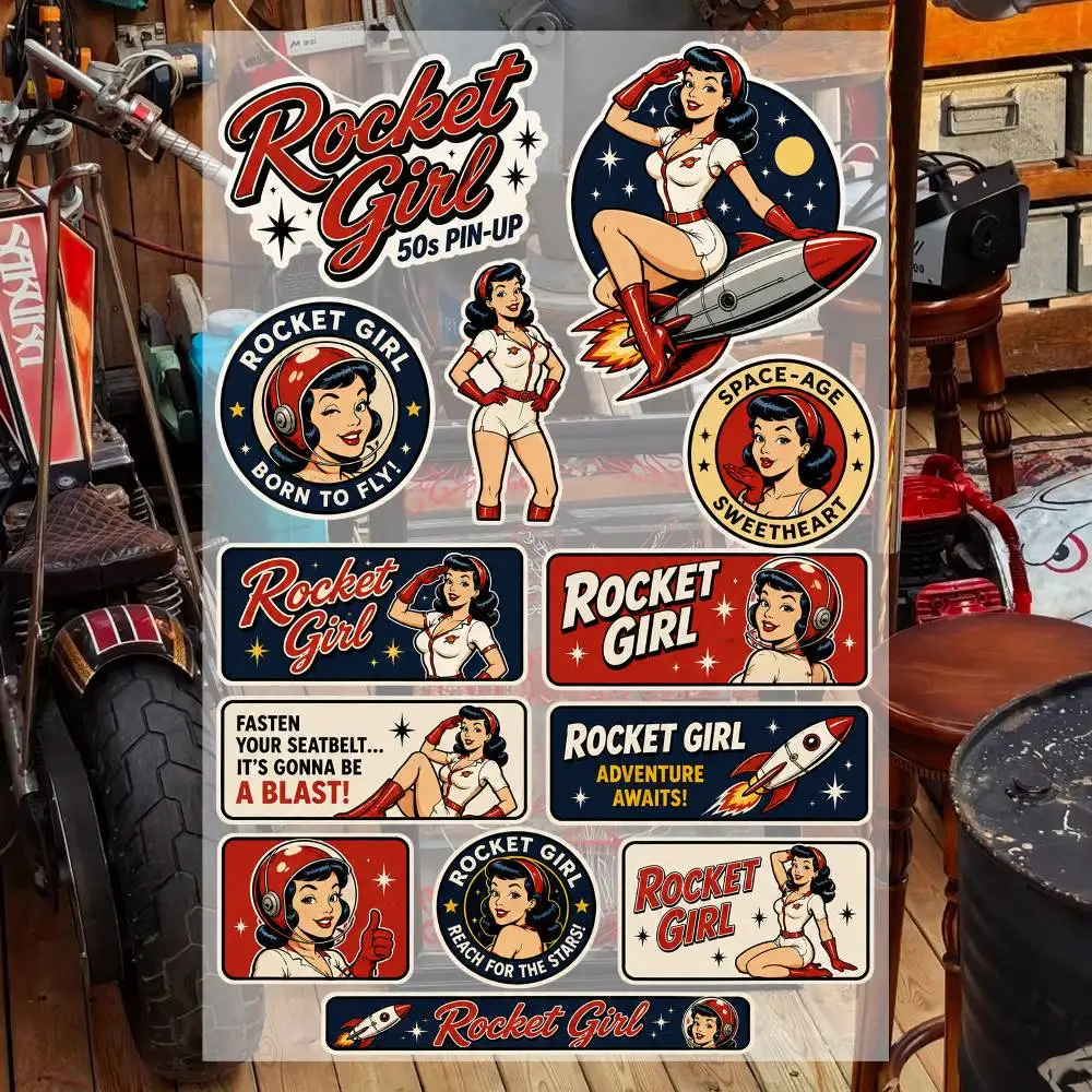 Rocket Girl 50S- Pin-up Aesthetic Graffiti Stickers Waterproof PVC Decals for Car Motorcycle Skateboard Helmet Notebook