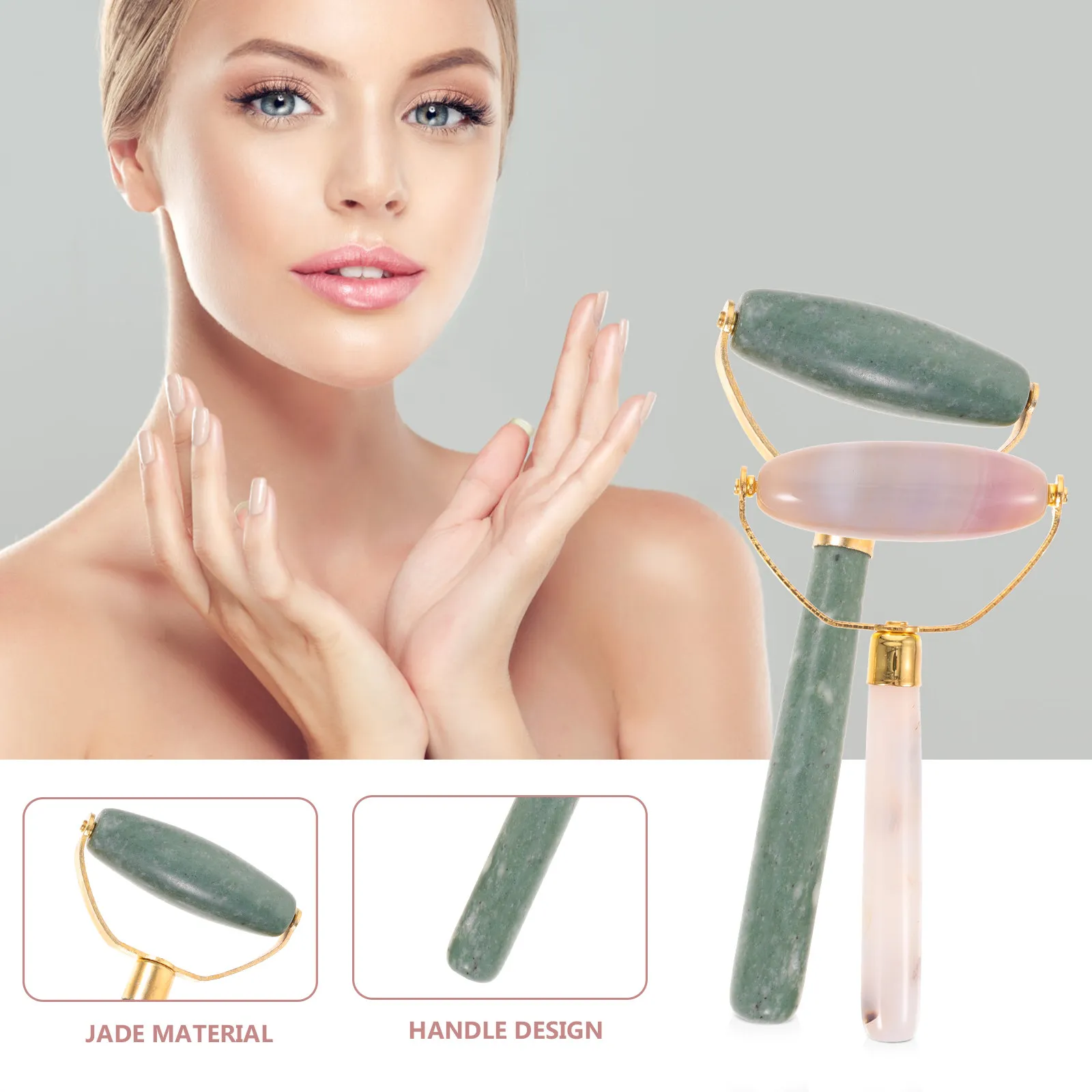 Jade Roller Set 2 Piece Facial Massage Tools for Face Eyes Body Cooling Soothing Skin Care Ergonomic