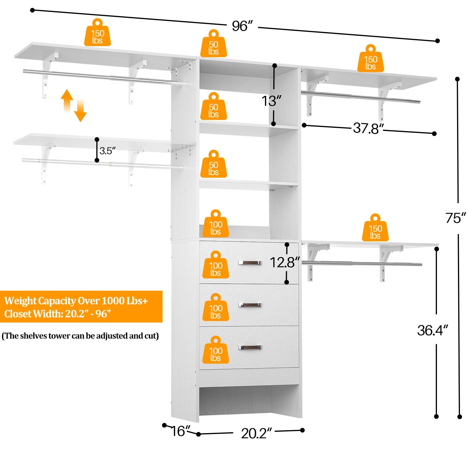 نظام خزانة عالي التحمل مقاس 96 بوصة مع 3 أدراج وأبراج رفوف، منظم خزانة المشي، رف ملابس مع قضبان تعليق #3