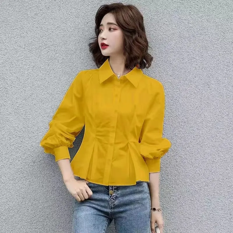 Stylish Lapel Button Spliced All-match Folds Lantern Sleeve Shirt Women\'s Clothing 2022 Autumn New Casual Tops Loose Chic Blouse