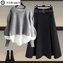 Autumn and Winter Set for Women 2024 New Korean Fashion Fake Two-piece Top Slimming and Versatile Half Skirt Two-piece Set