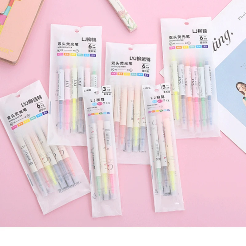 36 Pcs 6 Set  Highlighter Creative Color Graffiti Hand Account Pen Learning Key Line Marking Pen Decorative Marker Pen Wholesale