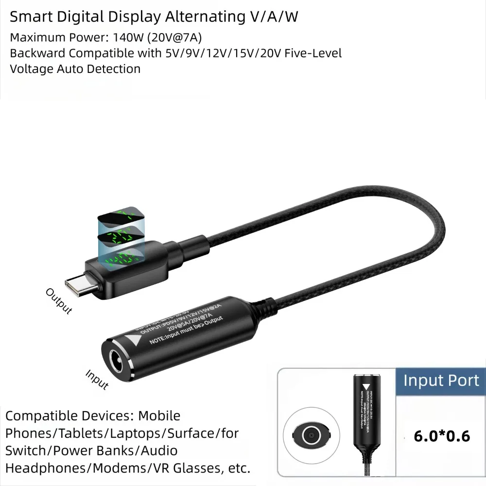 Digital Display DC to Type-C Converter PD 140W USB-C Output Power Meter Tester Fast Charging Intelligent Charging Cable Adapter