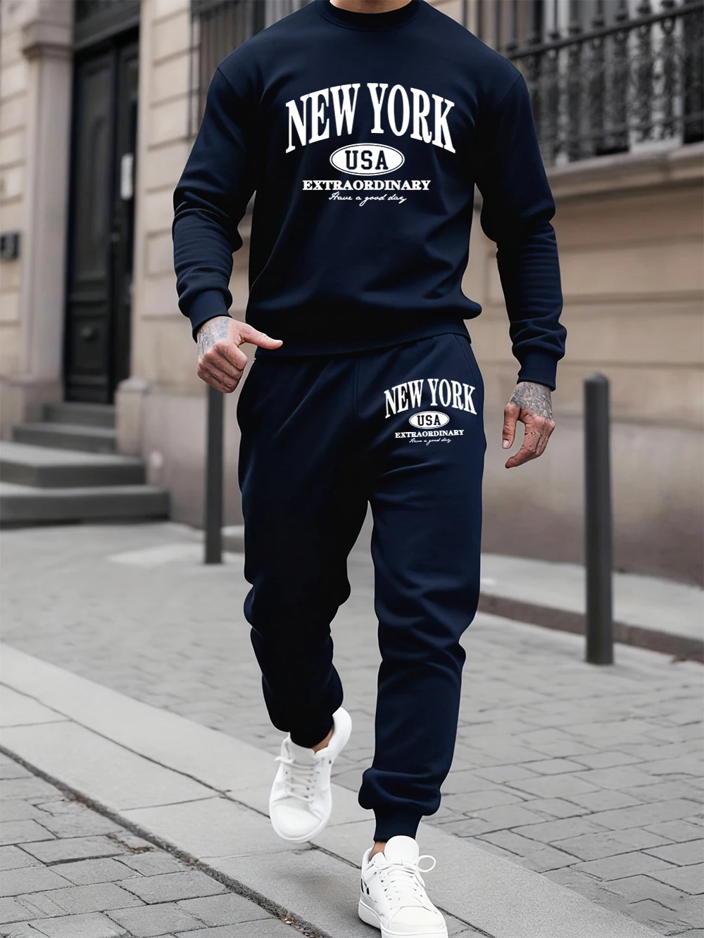 

2 Pcs Hoodies Set Mens New York Usa Printed Sweatpantscasual Loose Fleece Warm Hooded Jogging Sporty Pants Winter Pocket Clothes