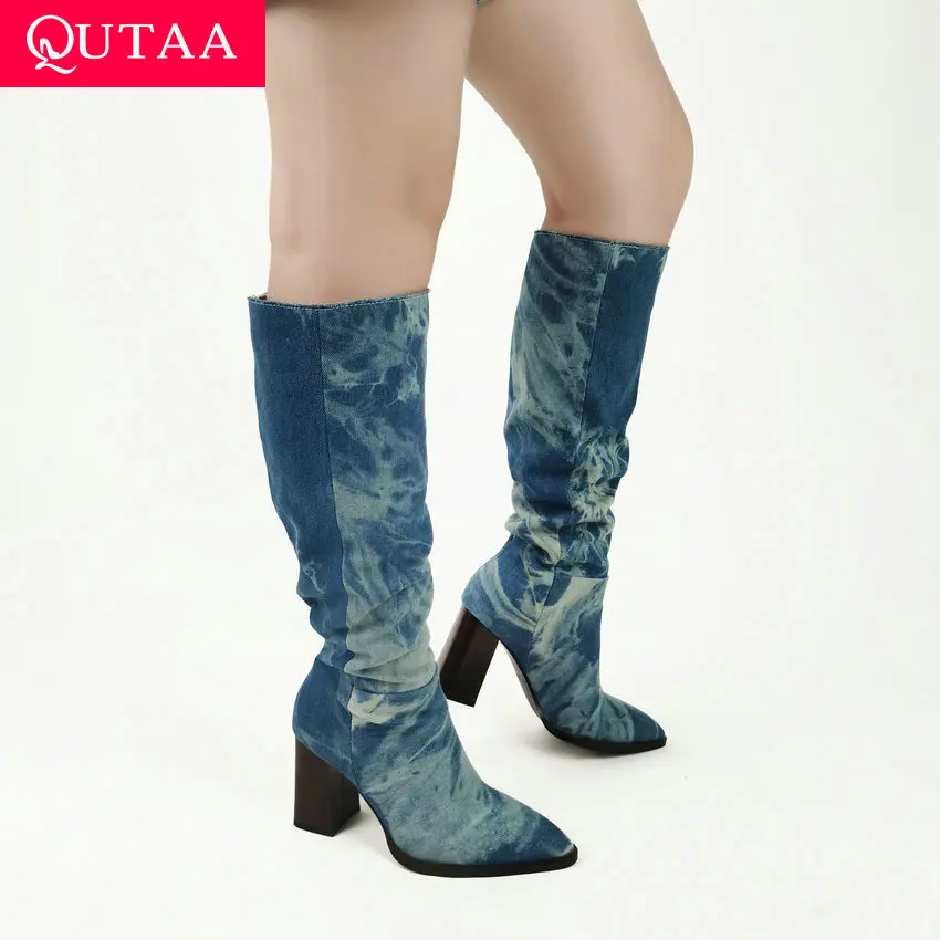 QUTAA 2024 Women Mid-Calf Boots Fashion Western Boots Square High Heels Casual Office Shoes Woman Autumn Winter Size 34-39