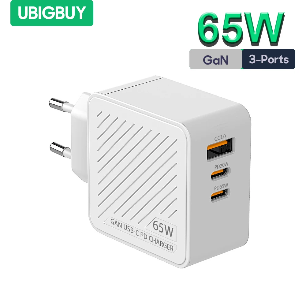 Ubigbuy 65W Fast Charger 3 Ports USB C GaN Charger for iPhone 15/14/13/12/Pro Max/11/XR/XS Samsung S22+ MacBook Pro Laptop Pixel