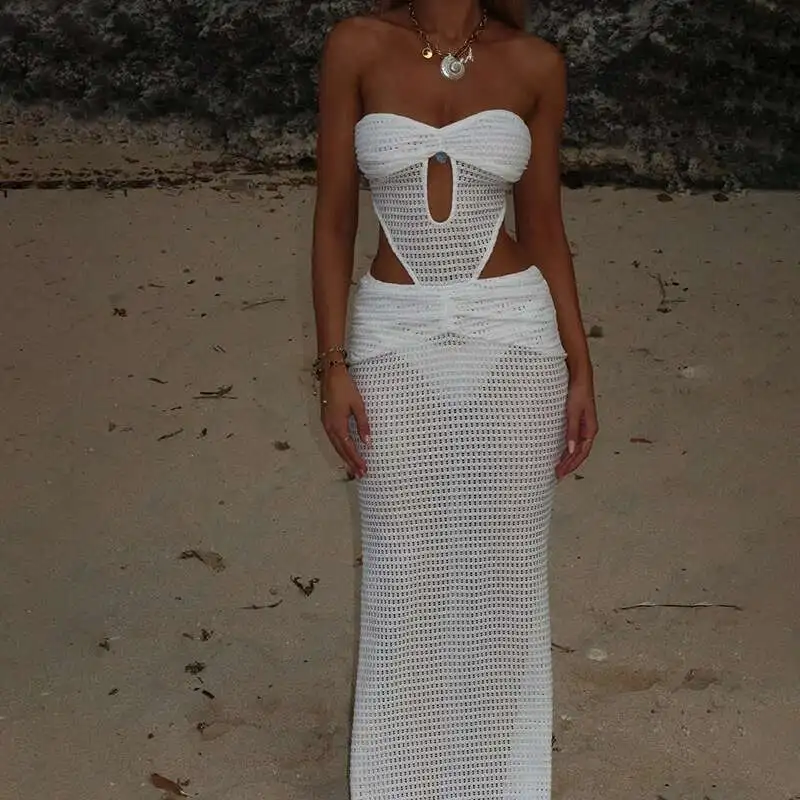 Nova cor sólida feminina sexy oco saia de malha biquíni praia cobrir protetor solar roupas sem costas bandagem magro maiô