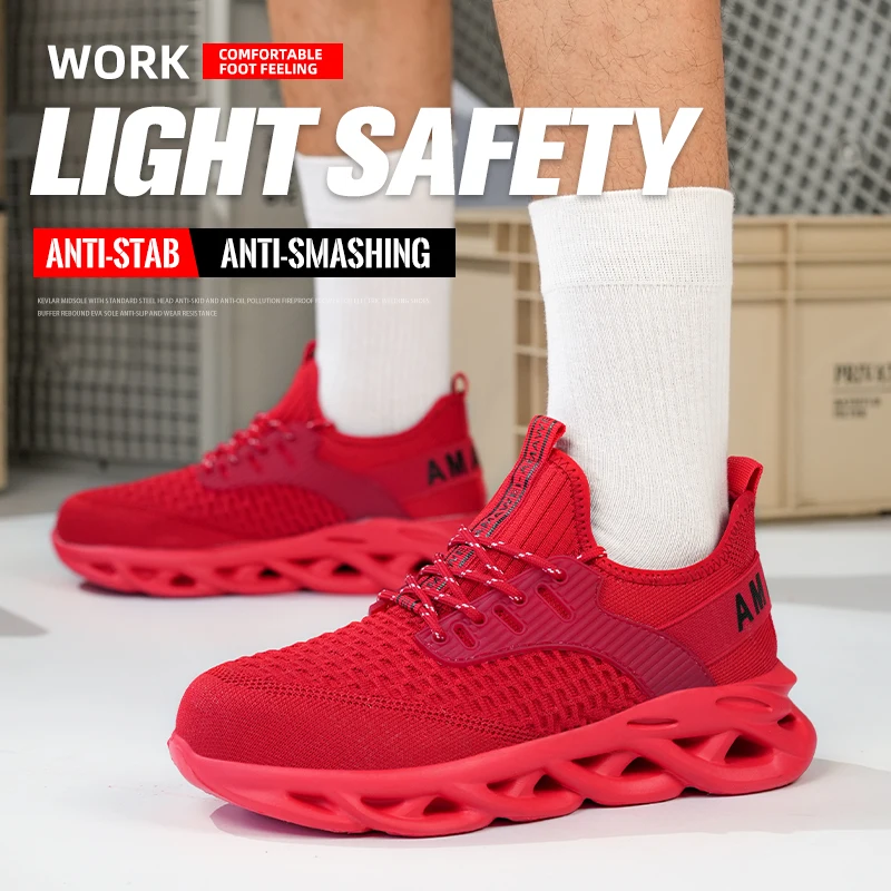 أحذية عمل آمنة للرجال باللون الأحمر قابلة للتنفس ومقاومة للثقب في الهواء الطلق أحذية غير قابلة للانزلاق أحذية رياضية للعمل للرجال قابلة للتنفس #6