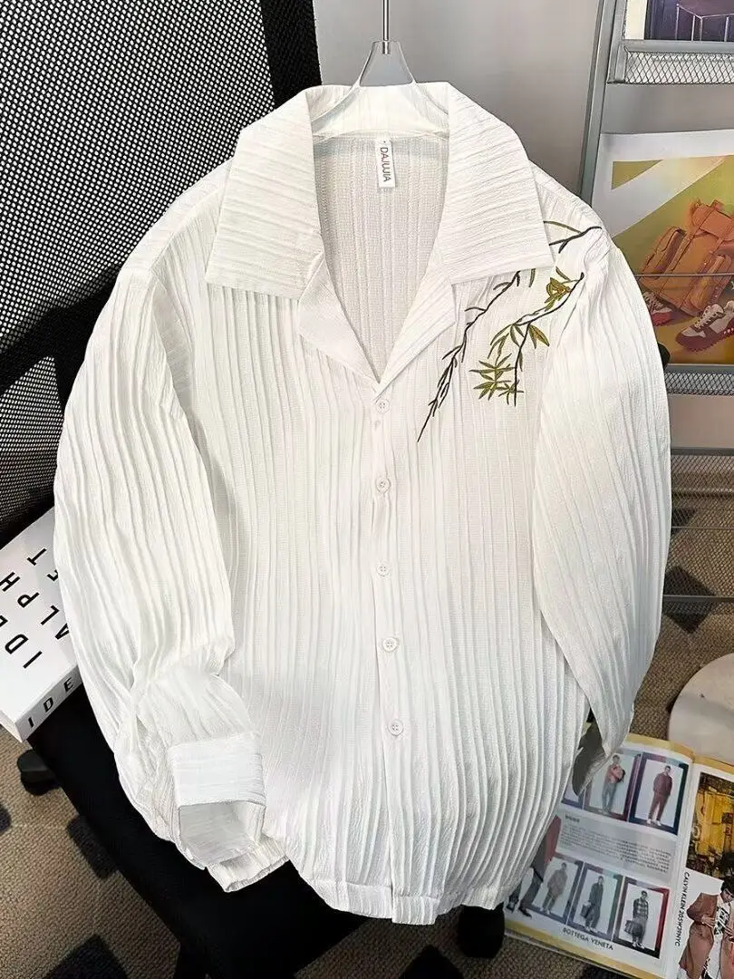 

New Chinese Sle Long Sve Embroidered Loose Men's irt Dance Casual Versatile Couple's Outerwear Spring Youth Faion