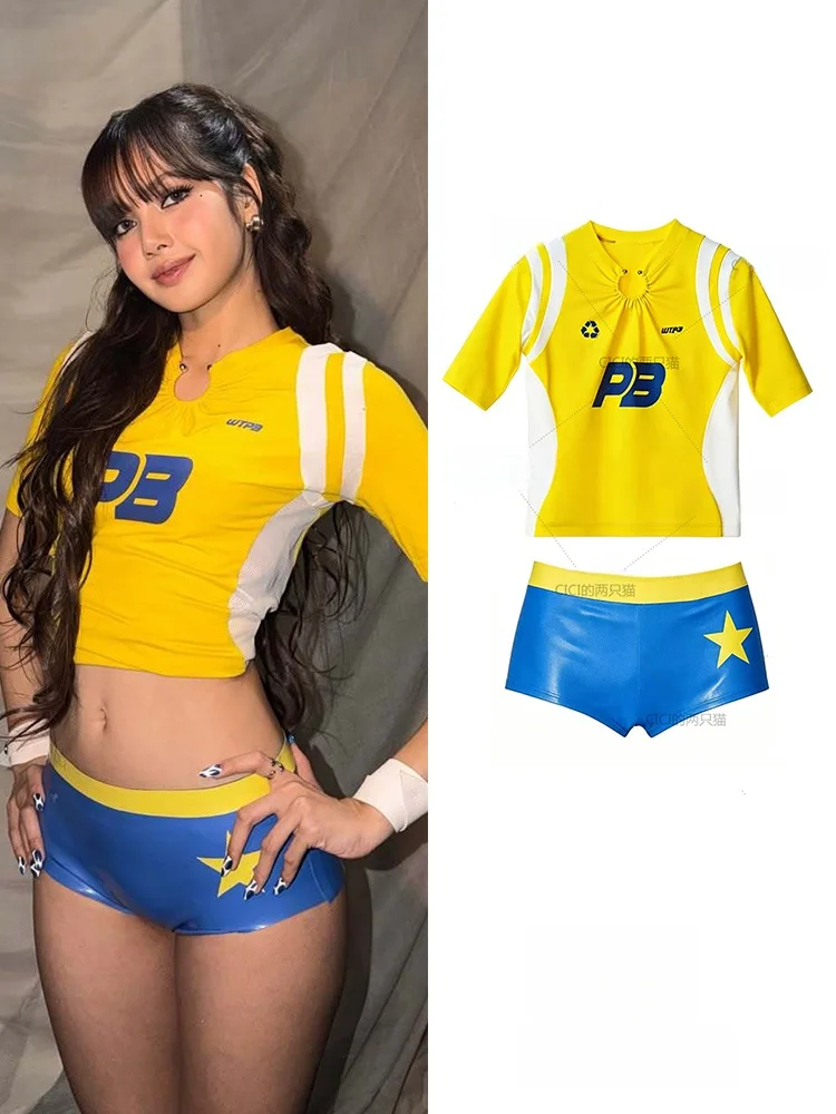  Lisa Letter Print Crop Top Color Block Shorts  Performance T-Shirt Women's Fashion Summer Outfit