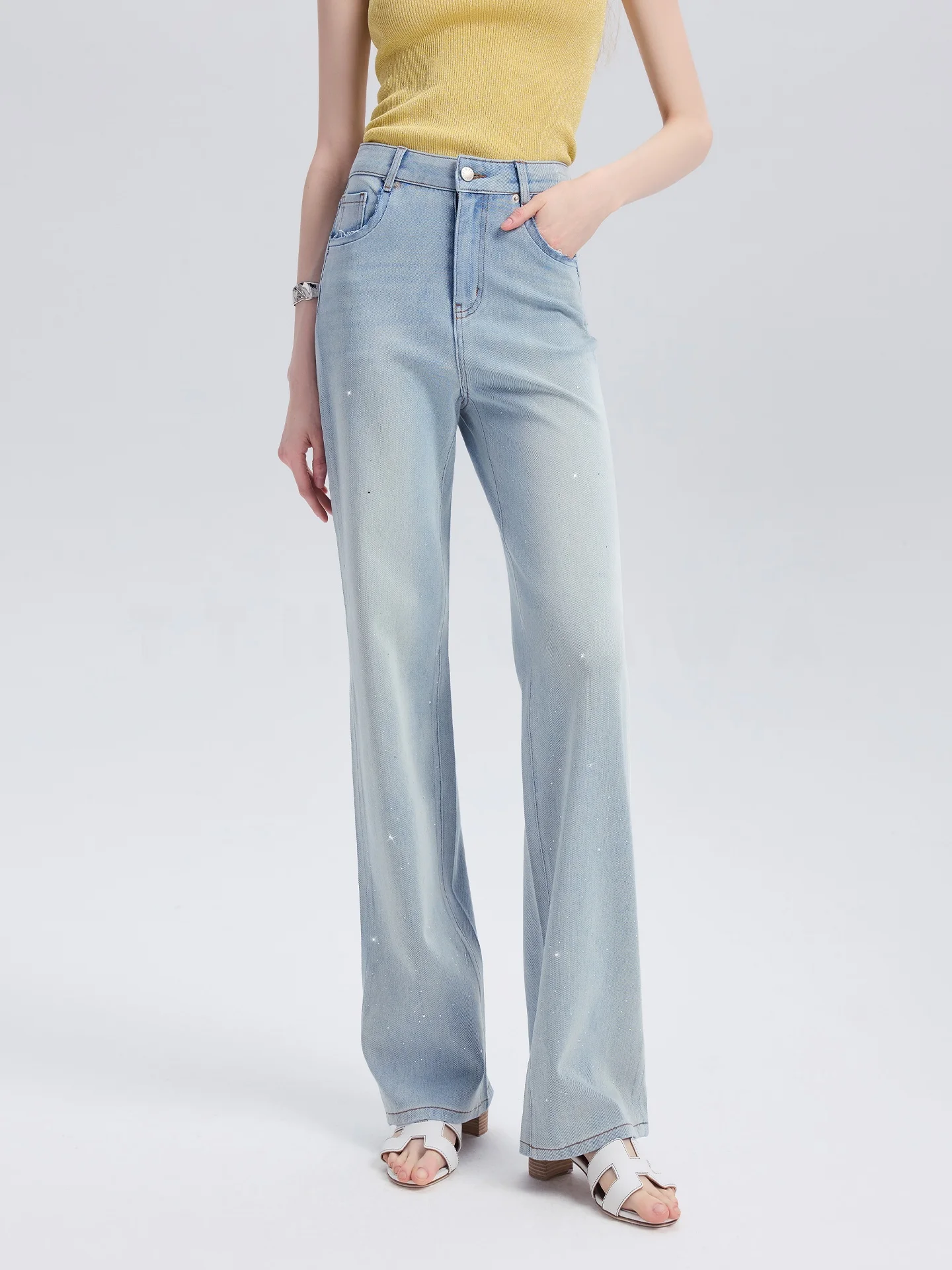 

TTH WAWA Laisai Narrow Straight Diamond Jeans Women's Blue High Waist Slimming Spring New Style Comfortable Breathable