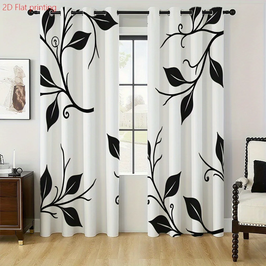 2pc Black leaf and branch pattern curtains, made of polyester fabric, machine washable, suitable for bedroom living room décor.