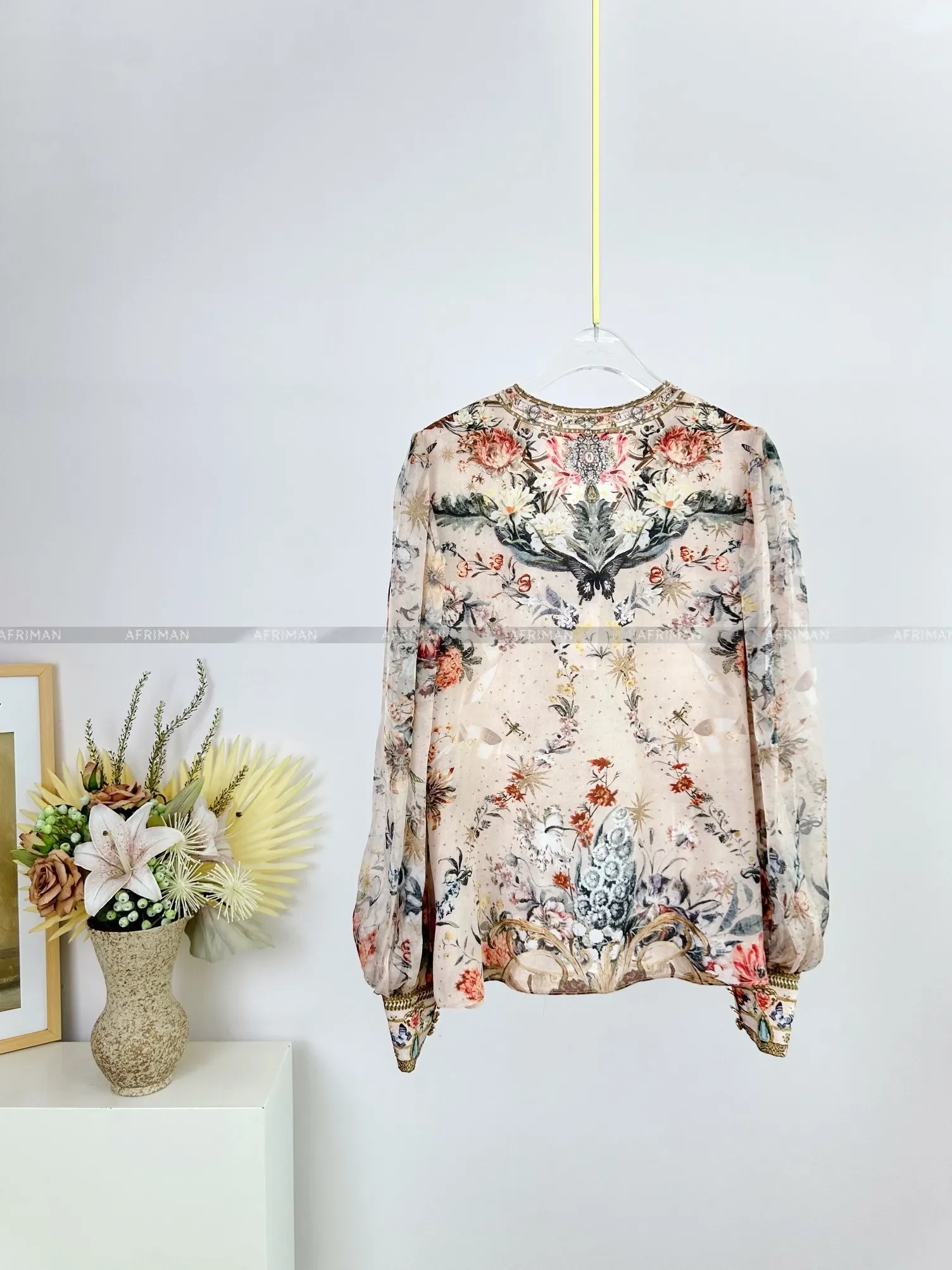 Camicetta da donna in seta 100% con stampa floreale retrò a maniche lunghe con perline pesanti e scollo a V