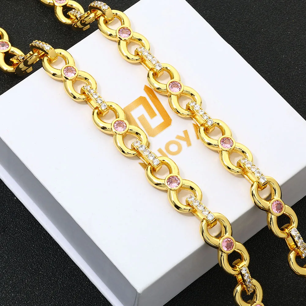 12MM Gold Plated CZ Zircon Diamond Link Chain Hip Hop Brass Metal Pink Stone Charm Cuban Link Chains for Women