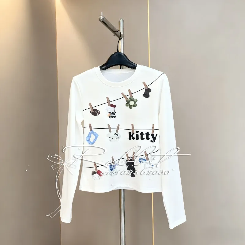 

Новинка 2025 года, женская спортивная футболка с длинными рукавами и американским рисунком «Hello Kitty» для родителей и детей, элегантный топ в стиле ретро с 3D принтом