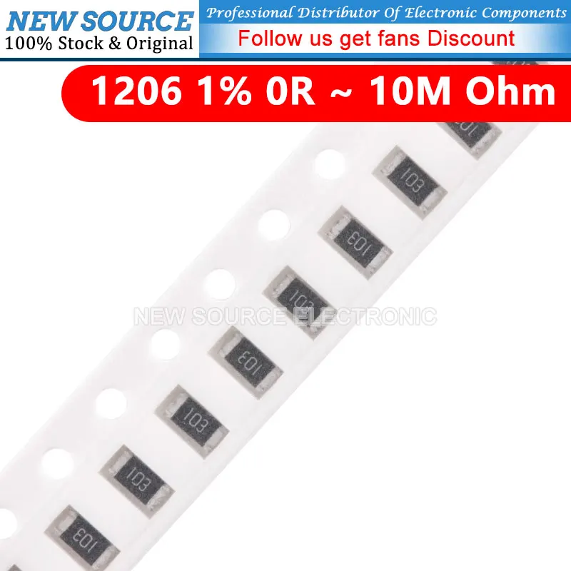 

100pcs 1% 1206 SMD Resistor 0R ~ 10M 1/4W Ohm 10R 1K 1M 100R 10K 100K 4.7K 120K 2K 1R 22R 20R 0.1R 300R 180R 20K 200K 33R 2R