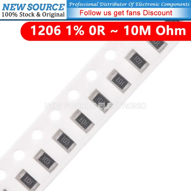 100szt 1% 1206 SMD Rezystor 0R ~ 10M 1/4W Ohm 10R 1K 1M 100R 10K 100K 4.7K 120K 2K 1R 22R 20R 0.1R 300R 180R 20K 200K 33R 2R