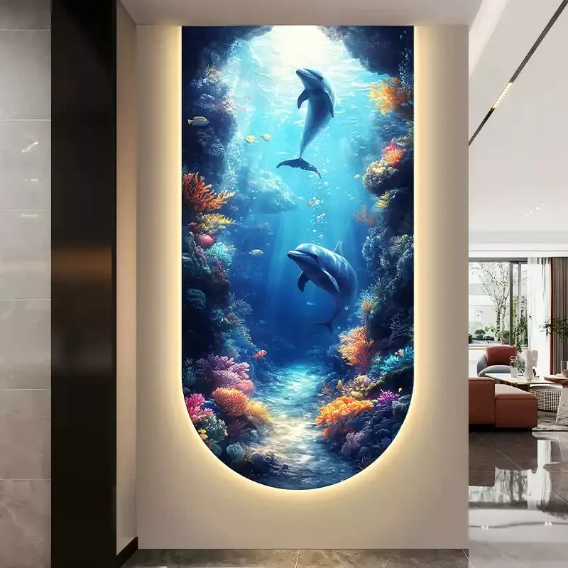 Ocean World entrance hall decoration painting turtle corridor end with light mural swimming aquarium arch hanging painting