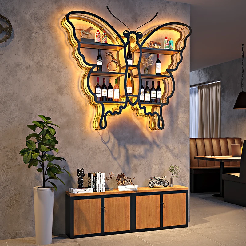 Online celebrity modern bookshelf Butterfly luminous wall display bar floor decoration shelf wine rack