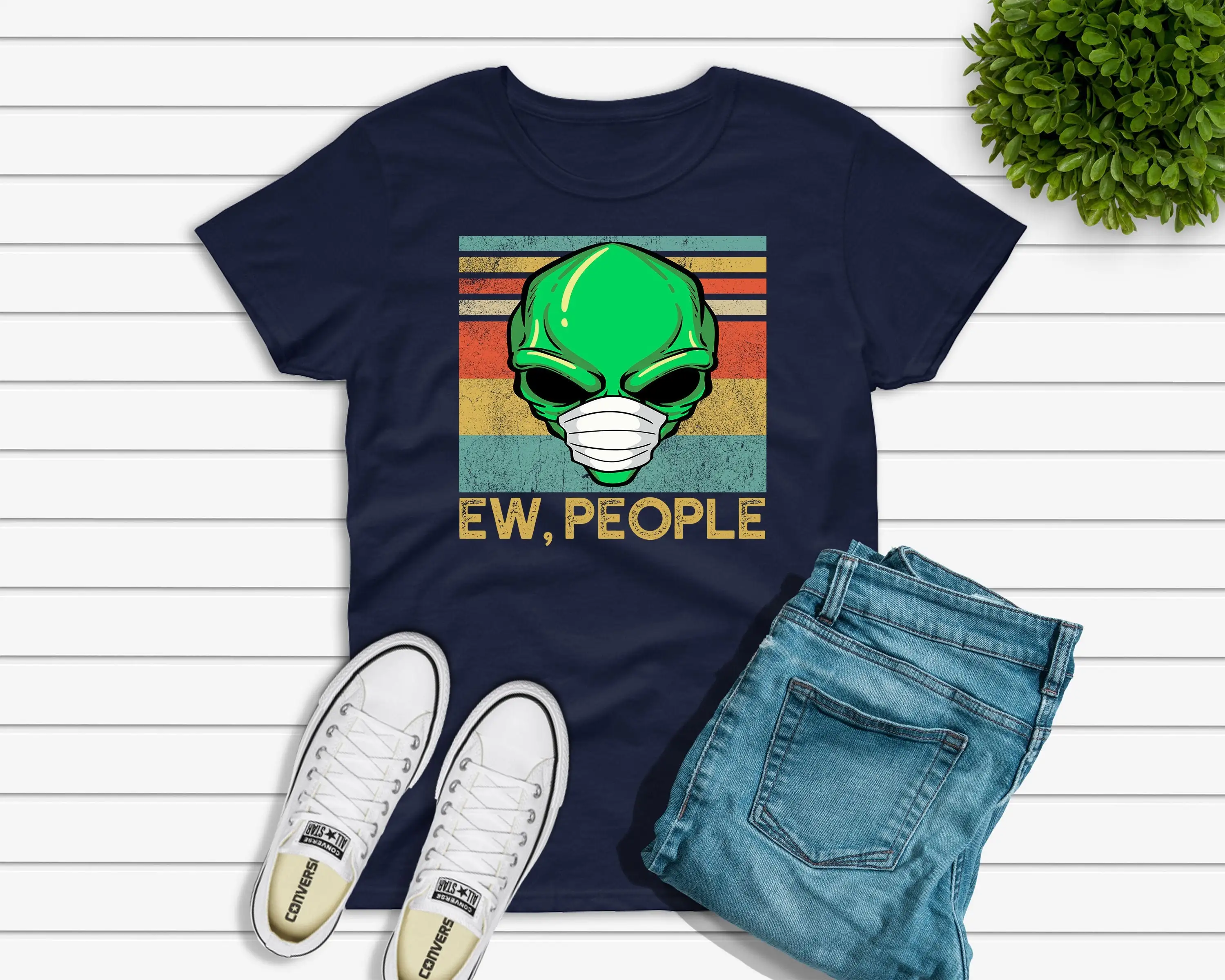 Vintage Ew People Alien T Shirt Green Wearing Face Mask Funno Ufo For Him Believer Jersey