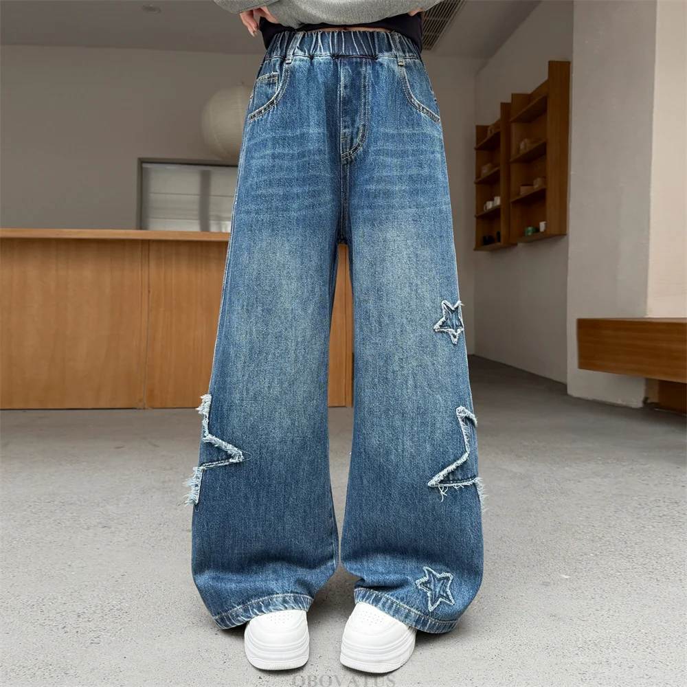 New Fashion Kids Children High Street Straight Fit Jeans with Slash Stars for Tweens Girls Elegant Casual Black Blue Denim Pants