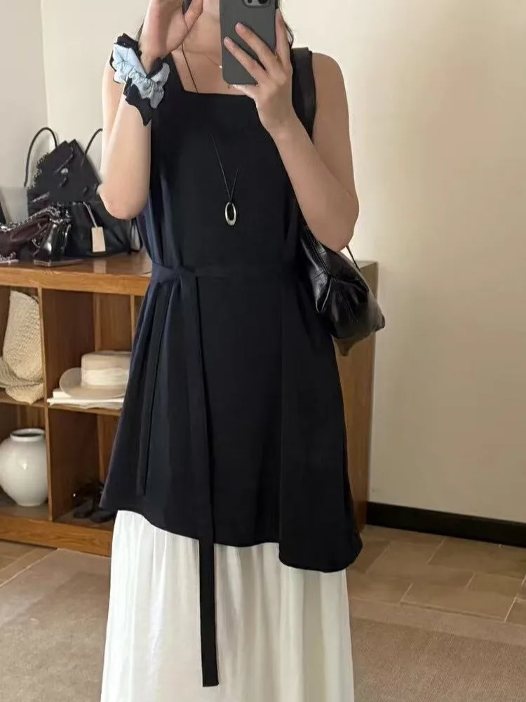 한국 스타일 불규칙한 민소매 패치워크 드레스 여성 슬림 엘레강트 롱 드레스 고급 디자인 여름 패션 드레스