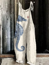 Vintage Japanese Seahorse Print Holiday Beach Casual Loose Strap Romper Shorts Urban Street Trend Loose Romper Pants S-5XL