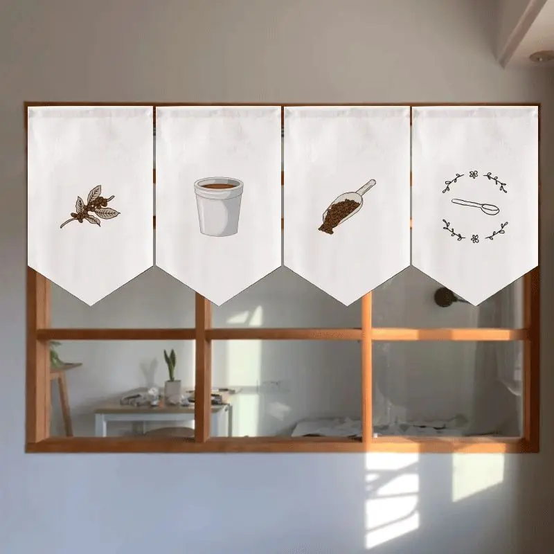 VIKAMA Cafe Theme Triangular Curtain Java Bean Branch Cup Scoop Coffee House Kitchen Window Valance Banner Decor Artistic Gift