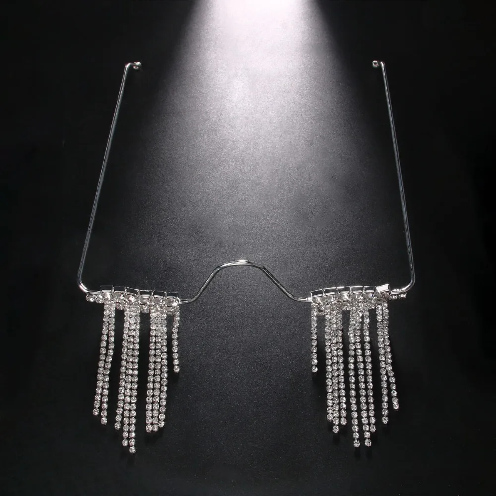 Foldable Tassel Rhinestone Eyeglass Frame Crystal Zircon Metal Glasses Frames No Lens Blingbling Glitter Mask Decoration