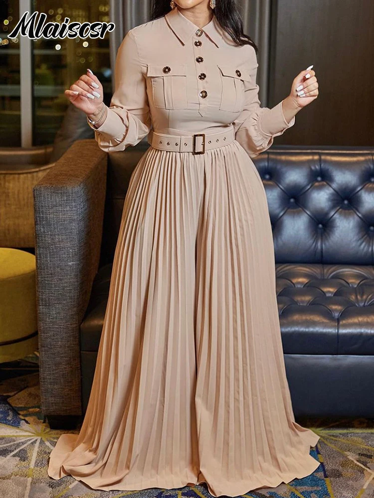 

Элегантный свободный комбинезон Mlaiscsr для женщин: с длинными рукавами, отложным воротником, поясом, плиссированными широкими брюками, африканский вечерний ромпер