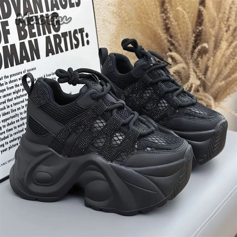 14cm Women Platform Chunky Sneakers Breathable Mesh Lace Up Dad Shoes Thick Sole Height Increasing Casual Walking Shoes Size 40 image 2