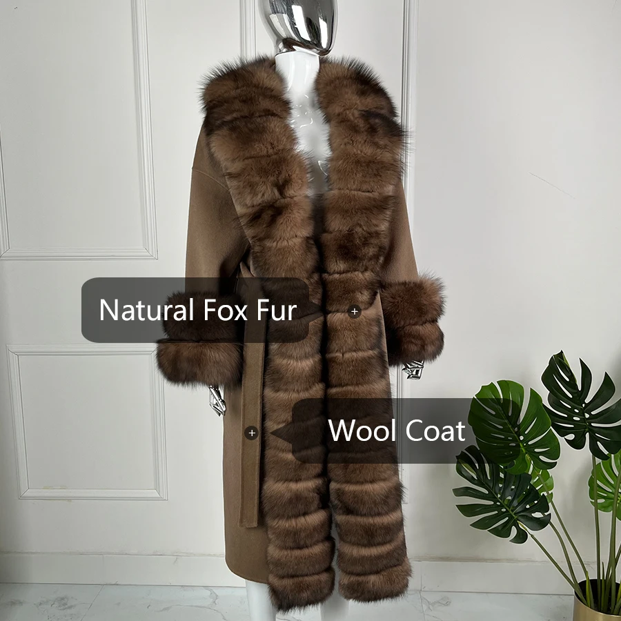 หรูหราขนสัตว์ Trench Coats เสื้อขนสัตว์ยาว Fox FUR Trim ฤดูหนาว WARM CASHMERE Coat ผู้หญิง