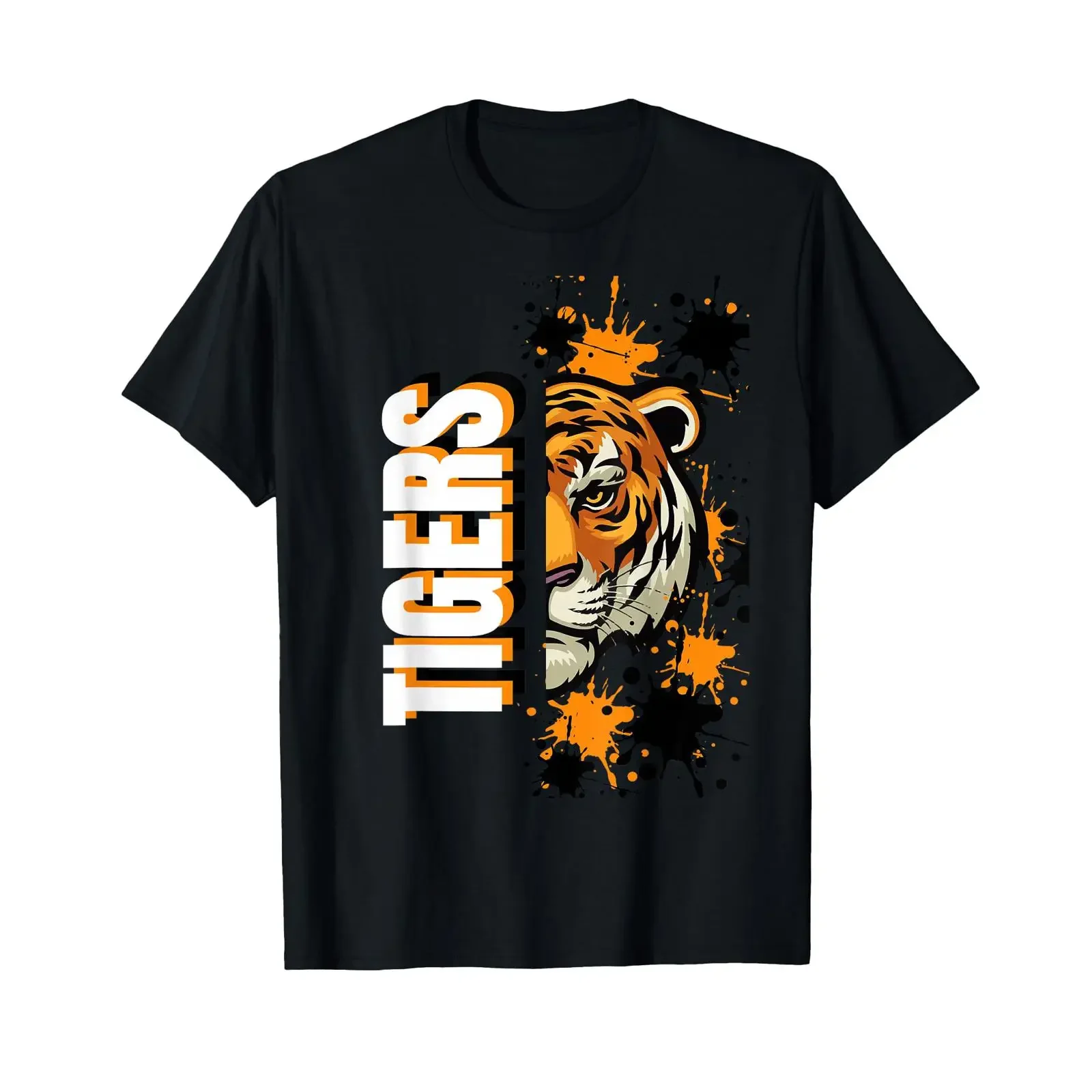 Tigers School Spirit Tiger Mascot Orange Black T Shirt vintage Washed Top For Everyday Wear Breathable Stretched fashion