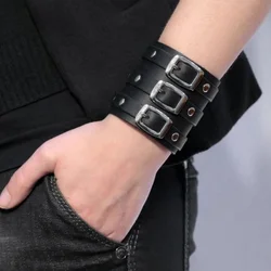 New Vintage Leather Wristband Bracelet Cuff Goth Metal Armbands Concealed Buckle Adjustable Gothic Punk Bracelets Men Jewelry